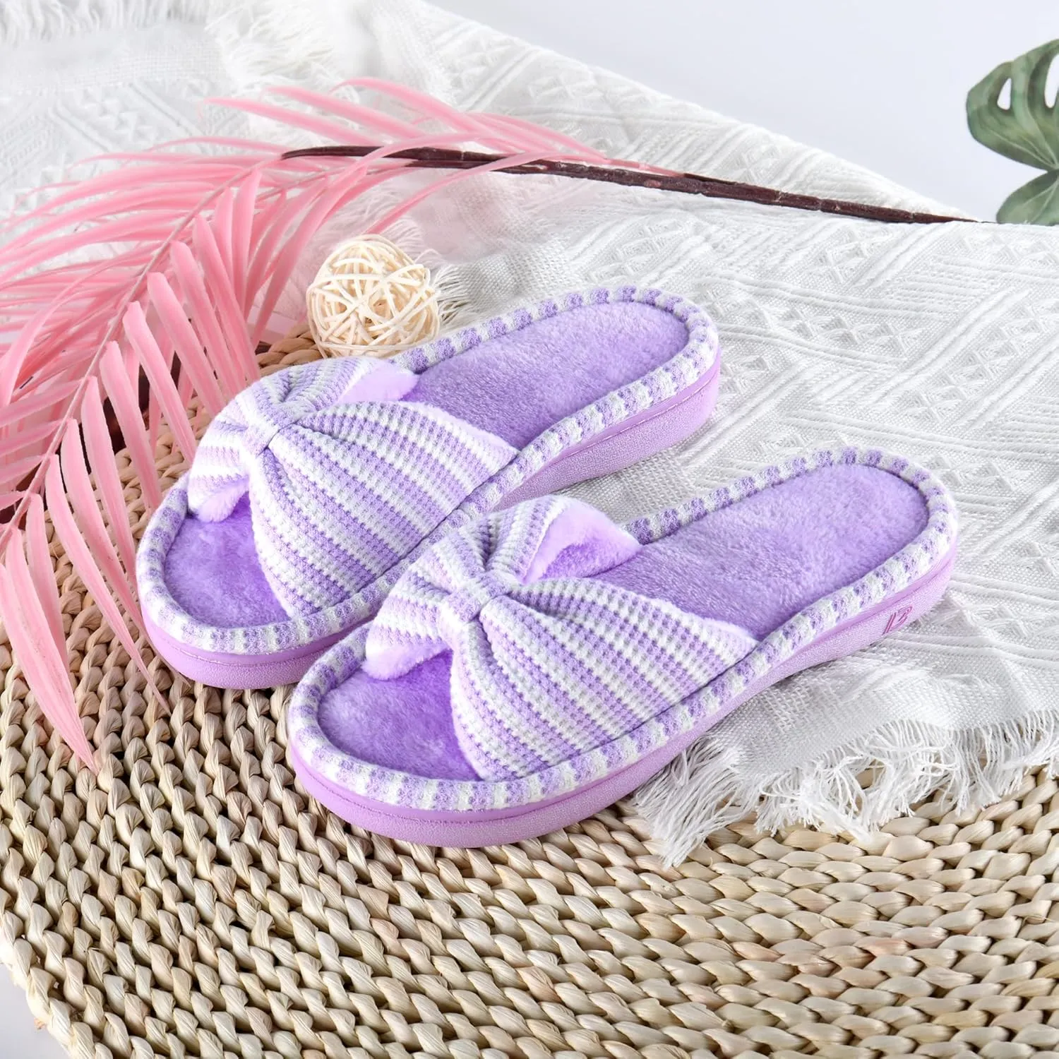 DL Women's Memory Foam Open Toe Slide Slippers with Cute Bow and Cozy Terry Lining, Slip-on House Shoes Spa Mules Sandals with Indoor Outdoor Rubber Sole
