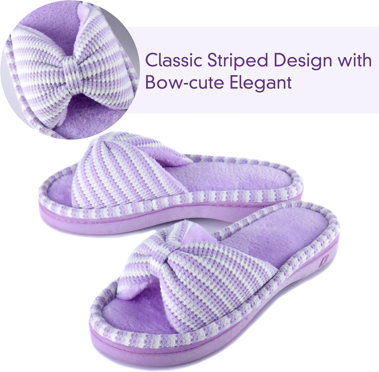 DL Women's Memory Foam Open Toe Slide Slippers with Cute Bow and Cozy Terry Lining, Slip-on House Shoes Spa Mules Sandals with Indoor Outdoor Rubber Sole