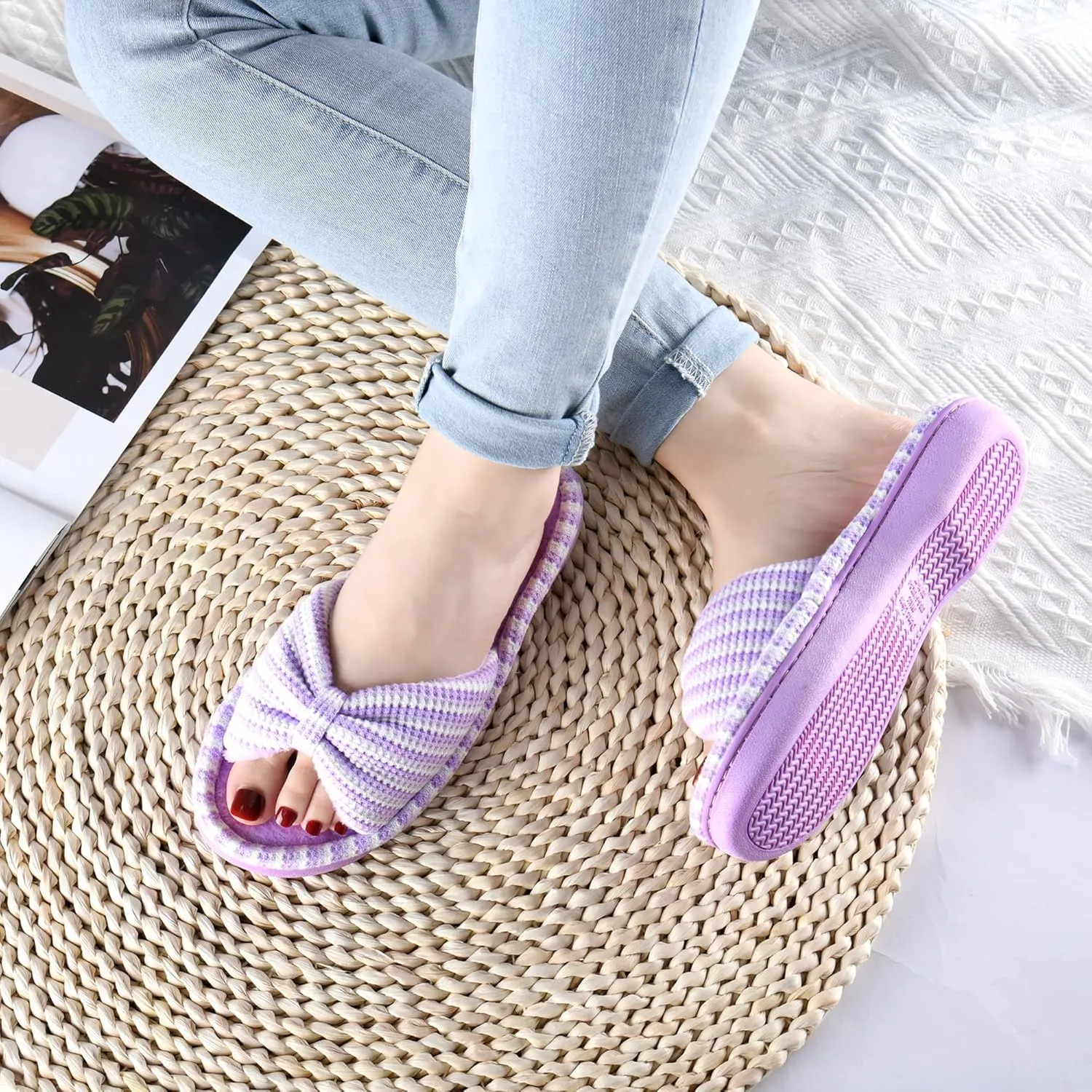 DL Women's Memory Foam Open Toe Slide Slippers with Cute Bow and Cozy Terry Lining, Slip-on House Shoes Spa Mules Sandals with Indoor Outdoor Rubber Sole
