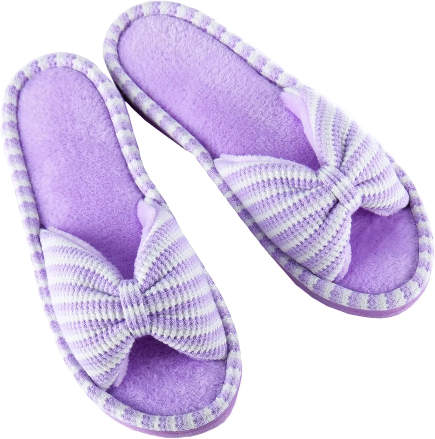 DL Women's Memory Foam Open Toe Slide Slippers with Cute Bow and Cozy Terry Lining, Slip-on House Shoes Spa Mules Sandals with Indoor Outdoor Rubber Sole