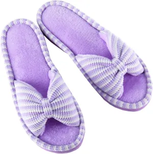 DL Women's Memory Foam Open Toe Slide Slippers with Cute Bow and Cozy Terry Lining, Slip-on House Shoes Spa Mules Sandals with Indoor Outdoor Rubber Sole