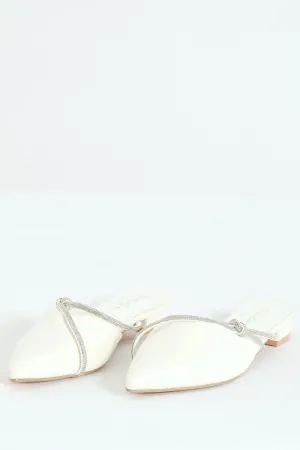 Double Diamante Strap Pointy Push In Mule - Off White