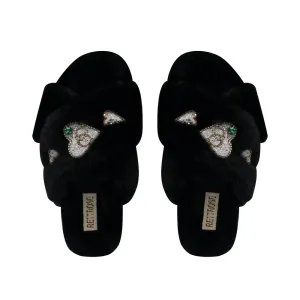 Emmy Black Luxury Plush Diamanté Embellished Handmade Slipper