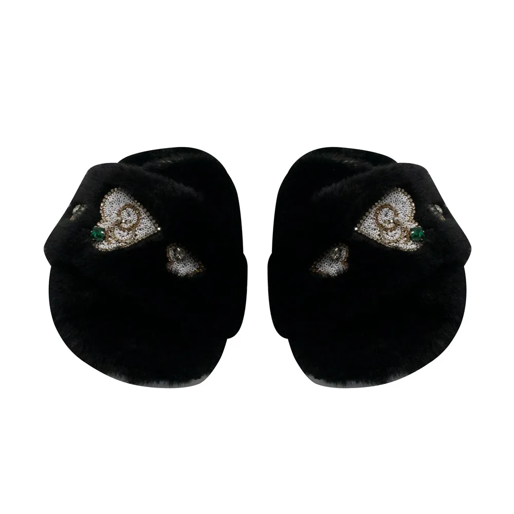 Emmy Black Luxury Plush Diamanté Embellished Handmade Slipper