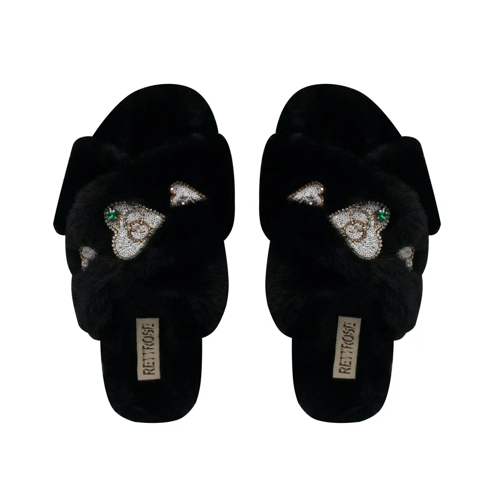Emmy Black Luxury Plush Diamanté Embellished Handmade Slipper