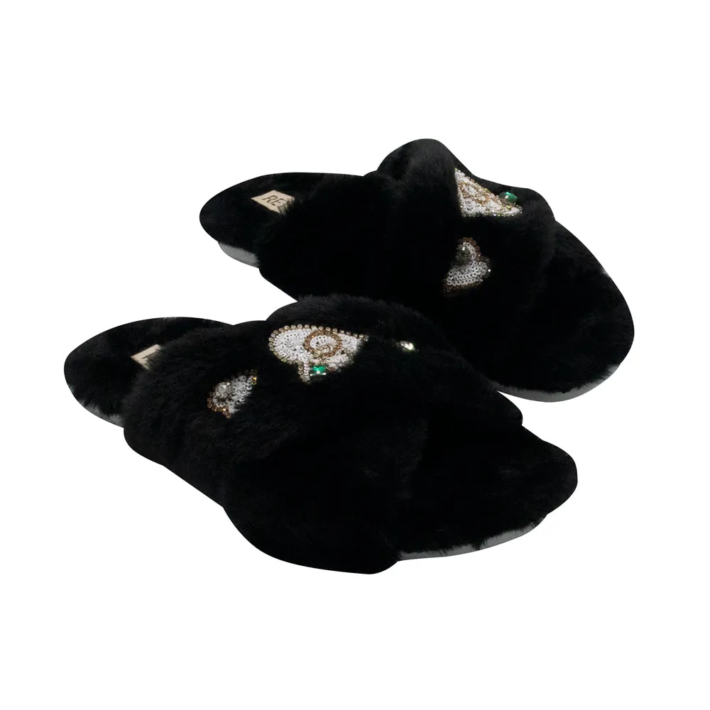 Emmy Black Luxury Plush Diamanté Embellished Handmade Slipper