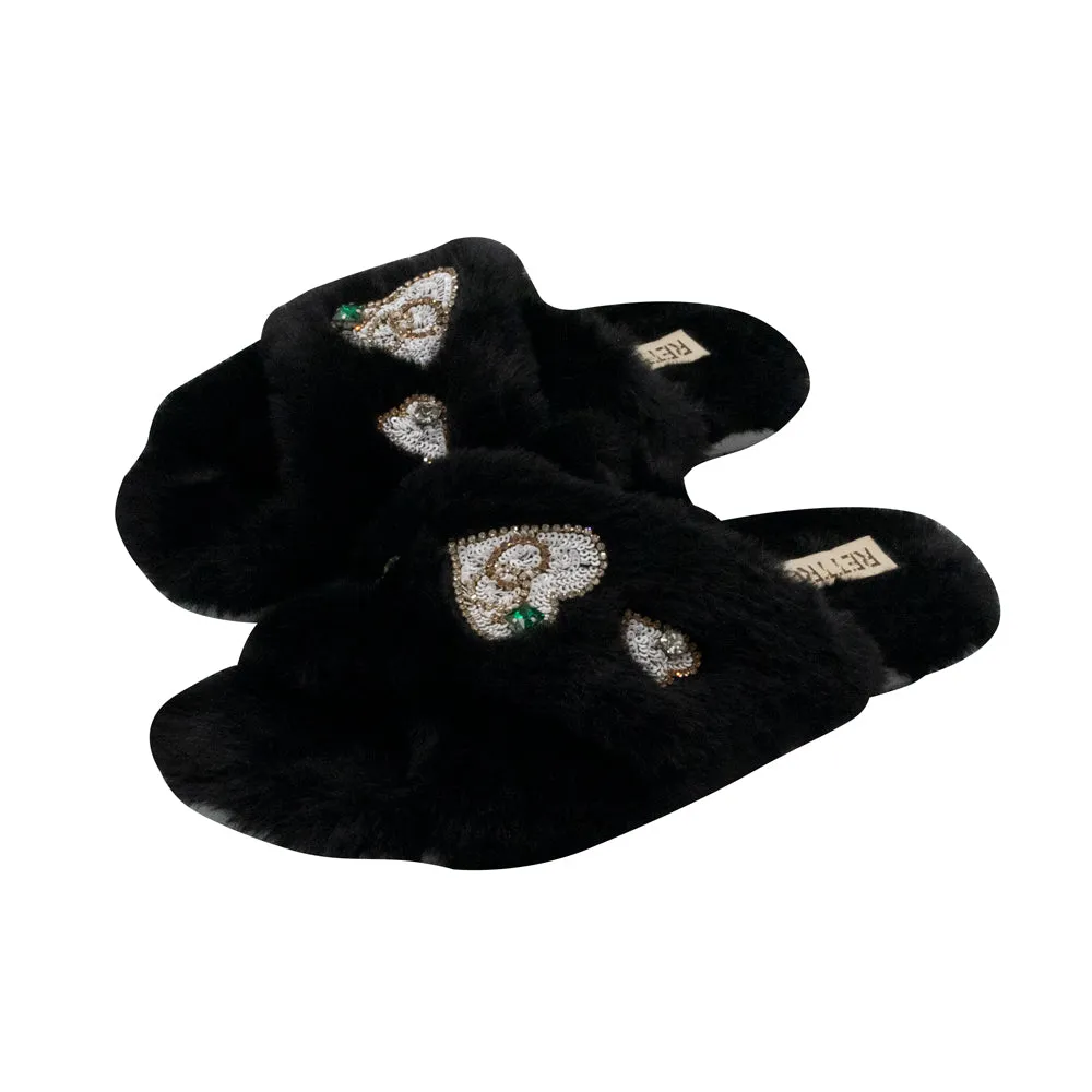 Emmy Black Luxury Plush Diamanté Embellished Handmade Slipper