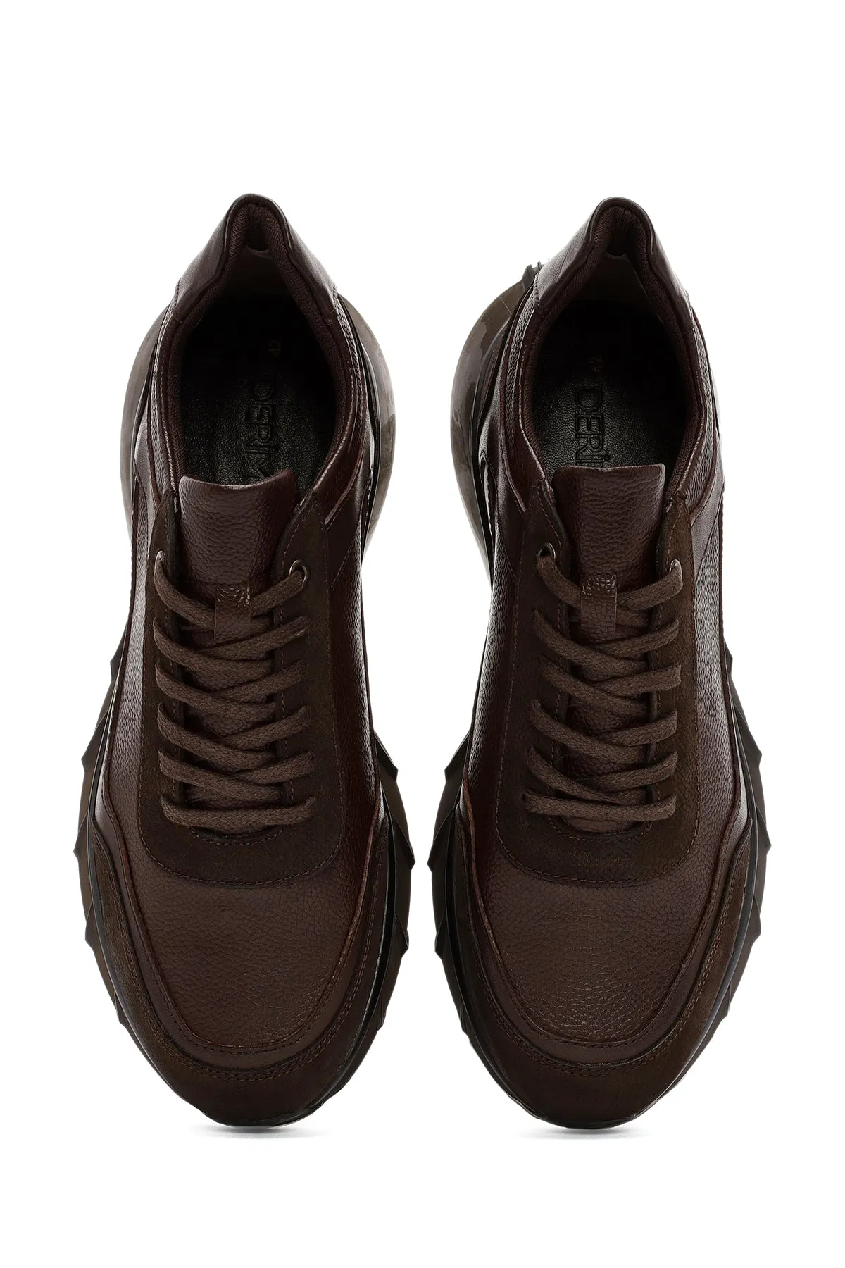 Erkek Kahverengi Bağcıklı Kalın Tabanlı Deri Casual Sneaker