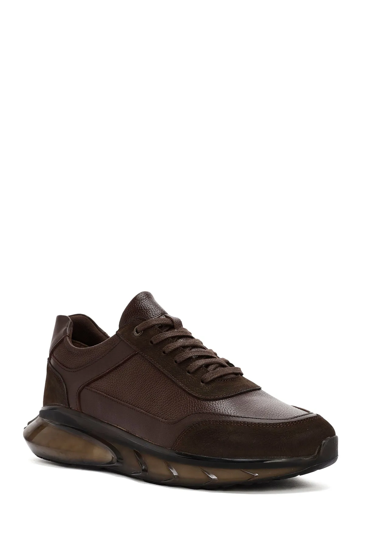 Erkek Kahverengi Bağcıklı Kalın Tabanlı Deri Casual Sneaker