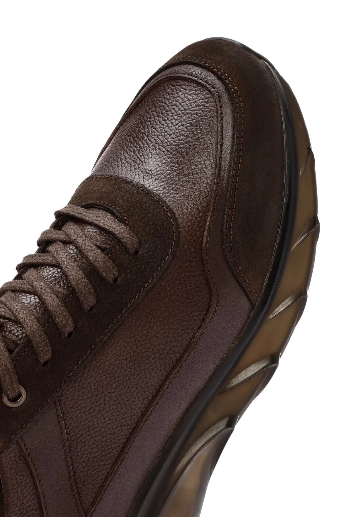 Erkek Kahverengi Bağcıklı Kalın Tabanlı Deri Casual Sneaker