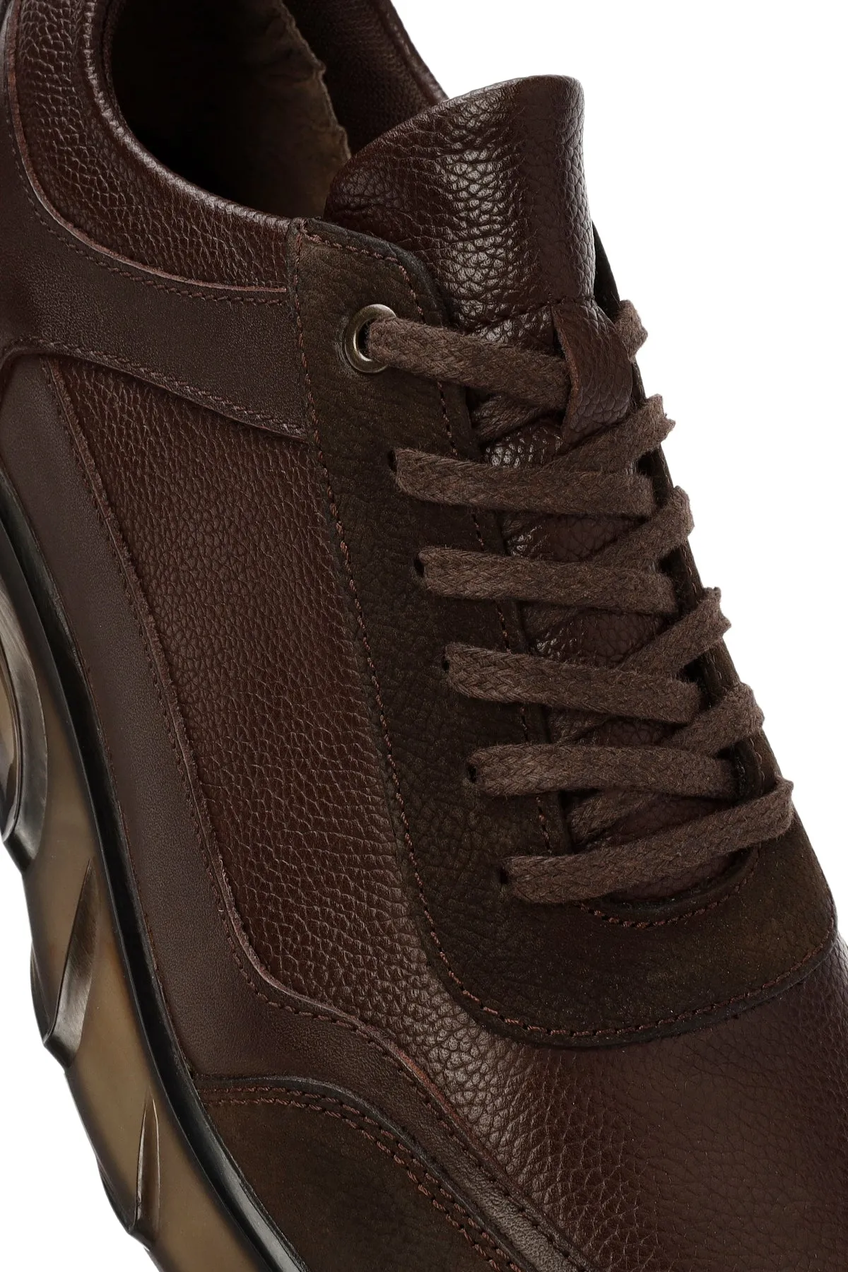 Erkek Kahverengi Bağcıklı Kalın Tabanlı Deri Casual Sneaker