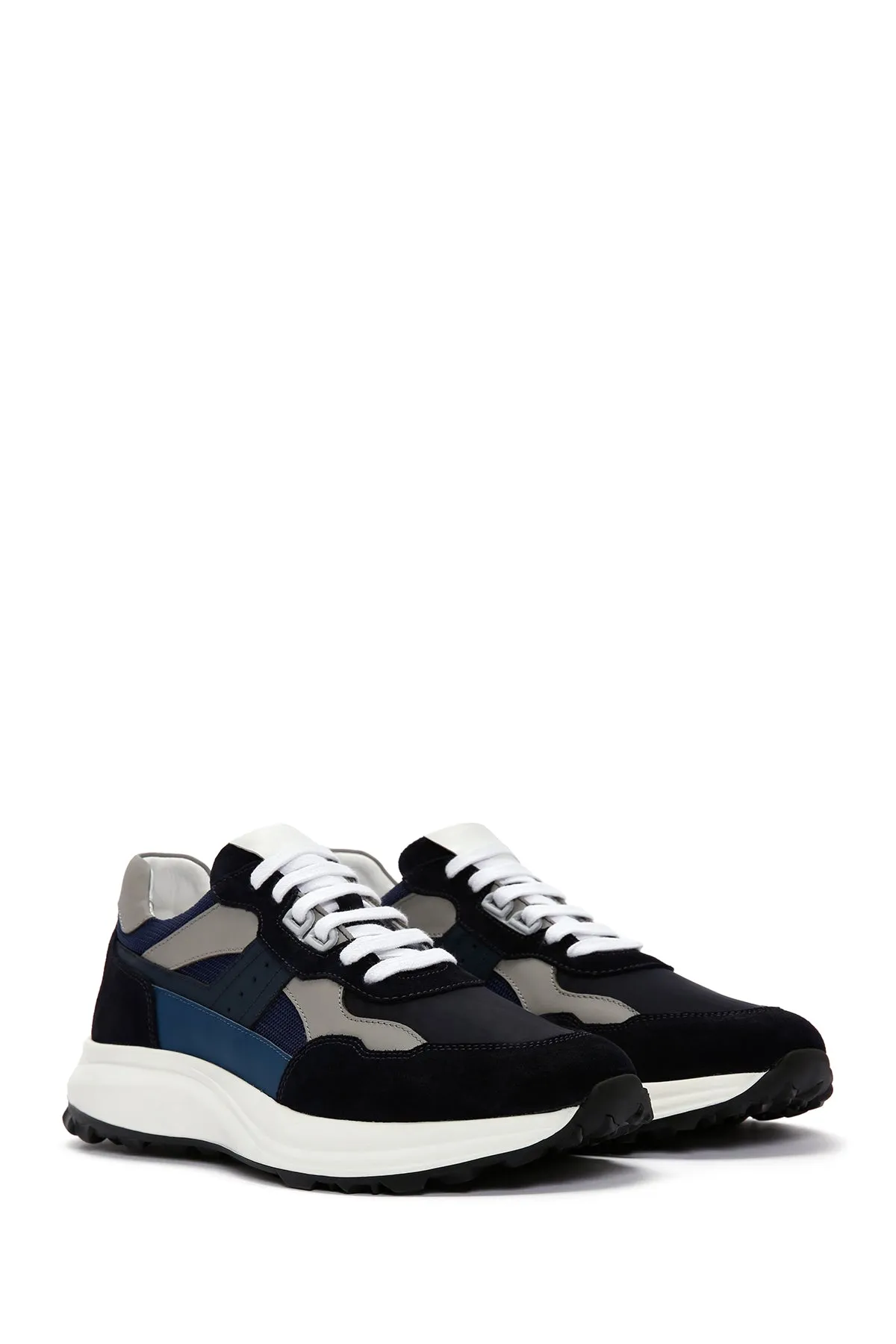 Erkek Lacivert Bağcıklı Kalın Tabanlı Deri Sneaker