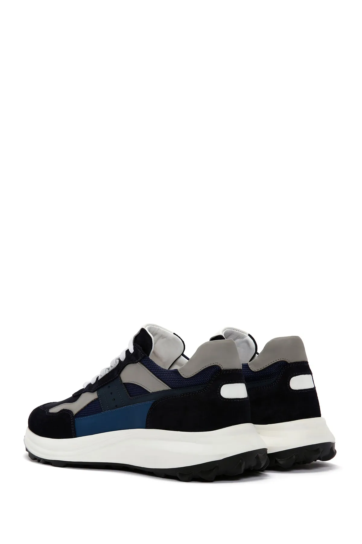 Erkek Lacivert Bağcıklı Kalın Tabanlı Deri Sneaker
