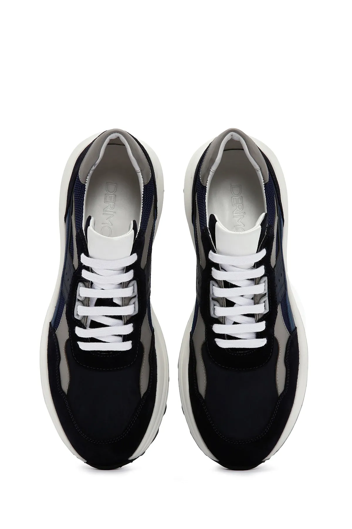 Erkek Lacivert Bağcıklı Kalın Tabanlı Deri Sneaker