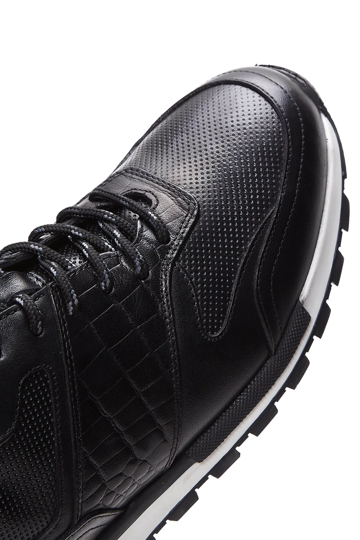 Erkek Siyah Bağcıklı Deri Casual Sneaker