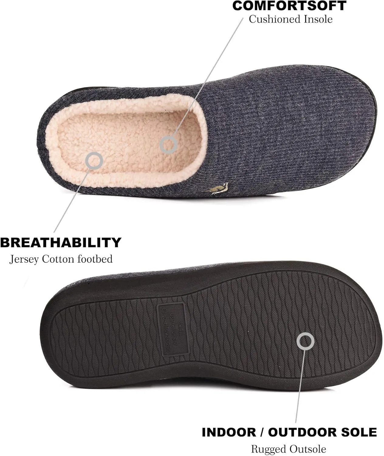 EuropeanSoftest Women's Classic French Terry Lining Slip On 80-D Memory Foam Slippers Breathable Washable Indoor/Outdoor House Shoe w/Anti Slip Sole