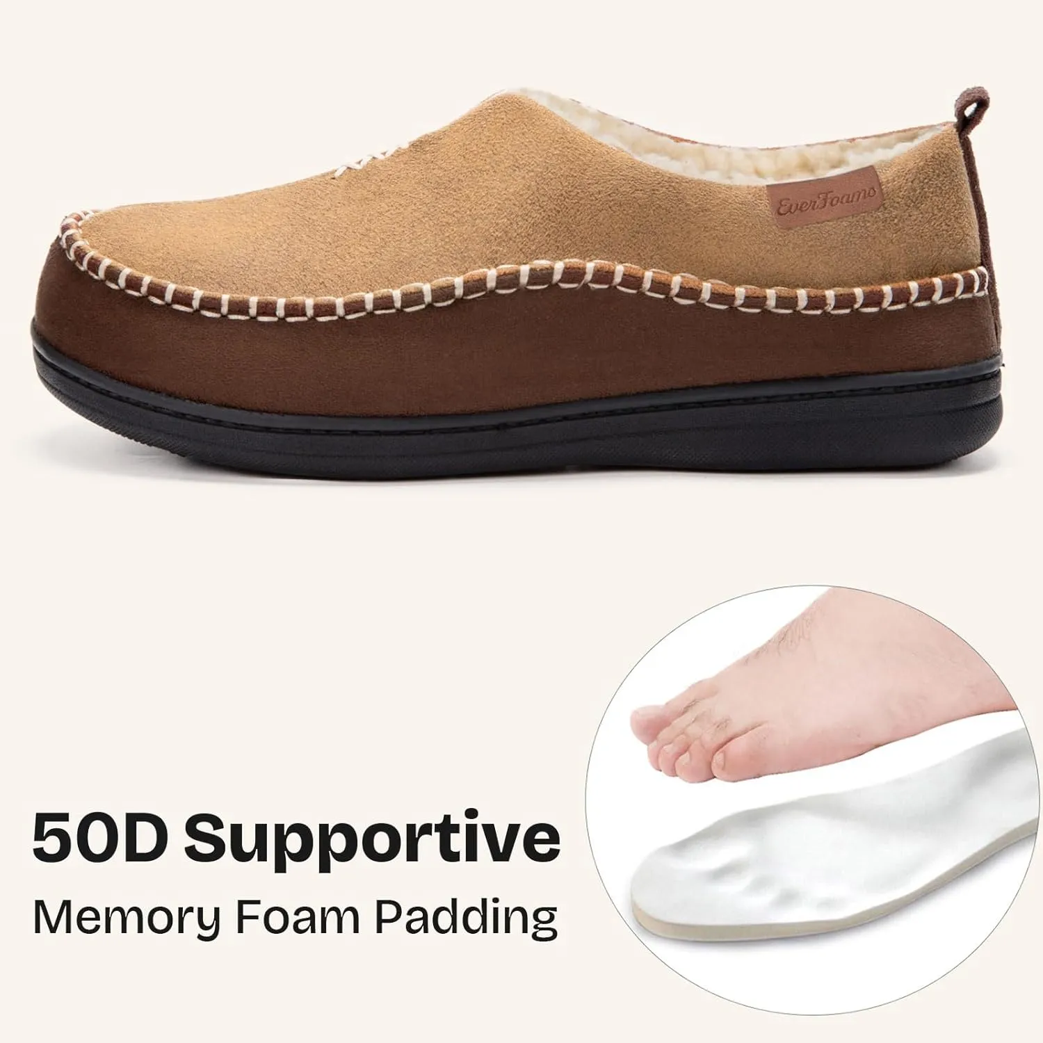 EverFoams Men's Moccasin Slippers Memory Foam Indoor/Outdoor Warm Suede House Shoes with Fuzzy Sherpa Lining