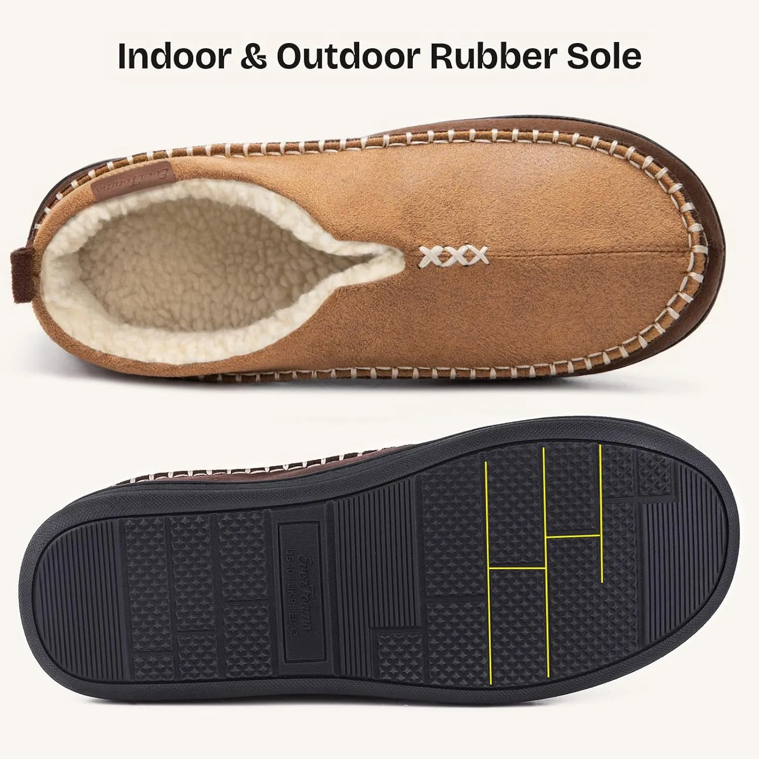 EverFoams Men's Moccasin Slippers Memory Foam Indoor/Outdoor Warm Suede House Shoes with Fuzzy Sherpa Lining