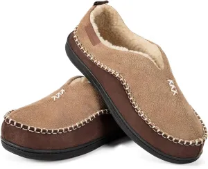 EverFoams Men's Moccasin Slippers Memory Foam Indoor/Outdoor Warm Suede House Shoes with Fuzzy Sherpa Lining