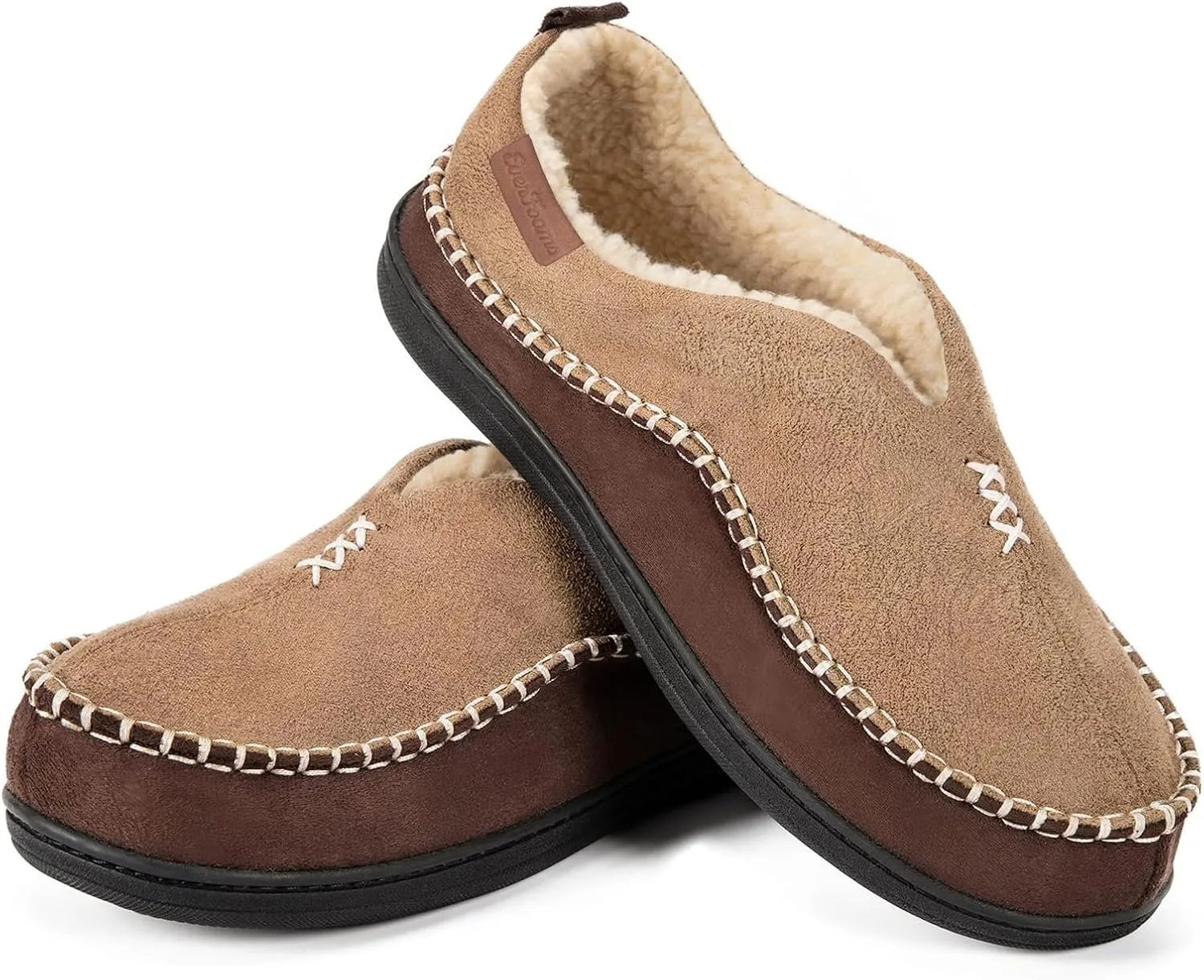 EverFoams Men's Moccasin Slippers Memory Foam Indoor/Outdoor Warm Suede House Shoes with Fuzzy Sherpa Lining