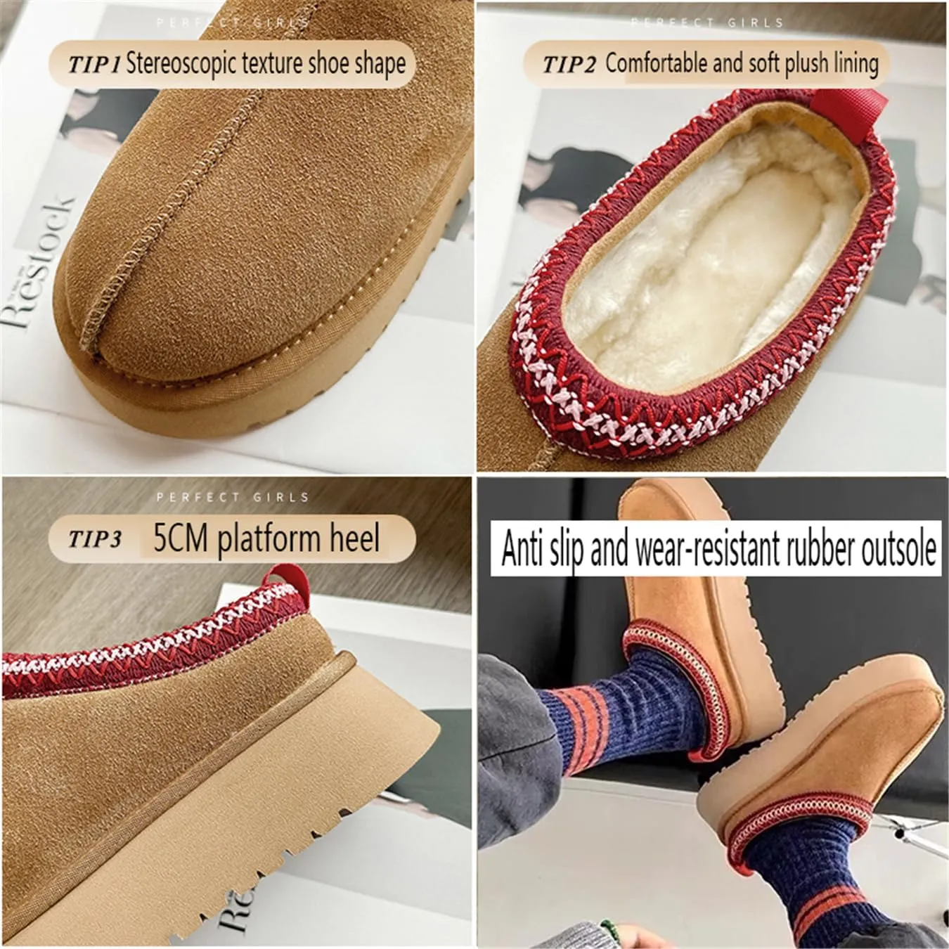 Fashion Plush Platform Slippers - Women's Trend Mini Fleece Lined Anti Slip Short Ankle Boots for Outdoor & Indoor Use