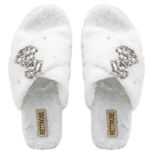 Fefe Cream Luxury Plush Diamanté Embellished Handmade Slipper