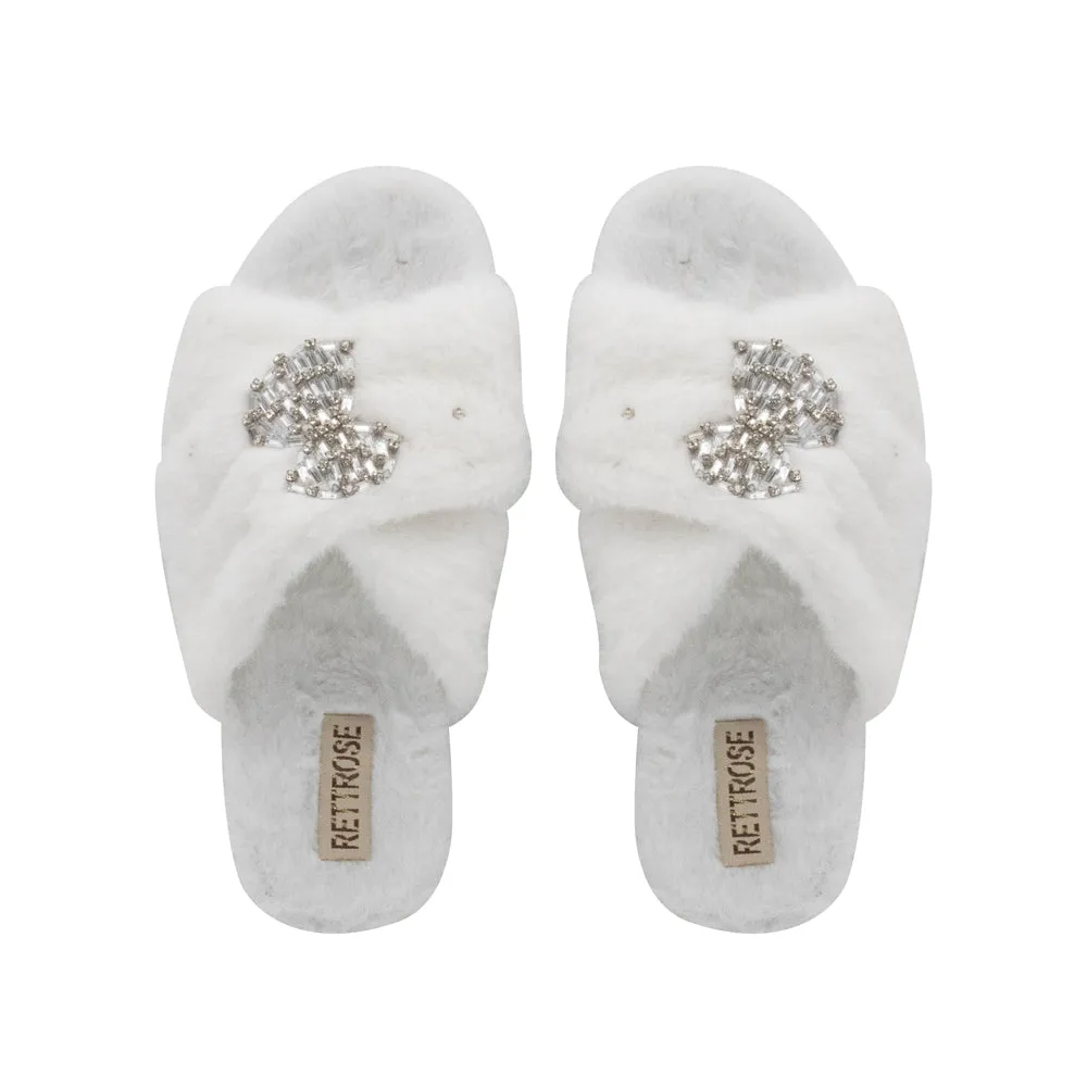 Fefe Cream Luxury Plush Diamanté Embellished Handmade Slipper