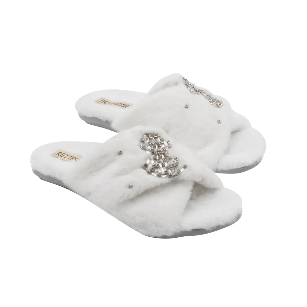 Fefe Cream Luxury Plush Diamanté Embellished Handmade Slipper