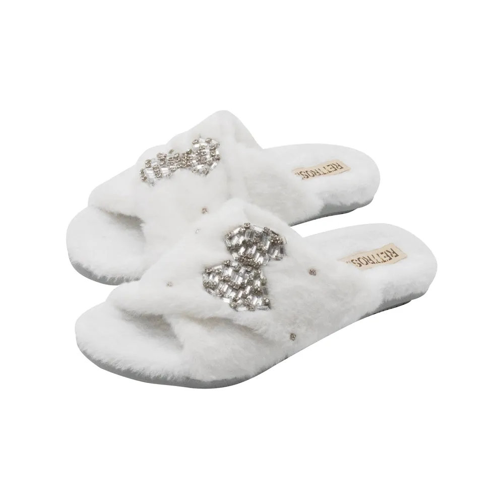Fefe Cream Luxury Plush Diamanté Embellished Handmade Slipper