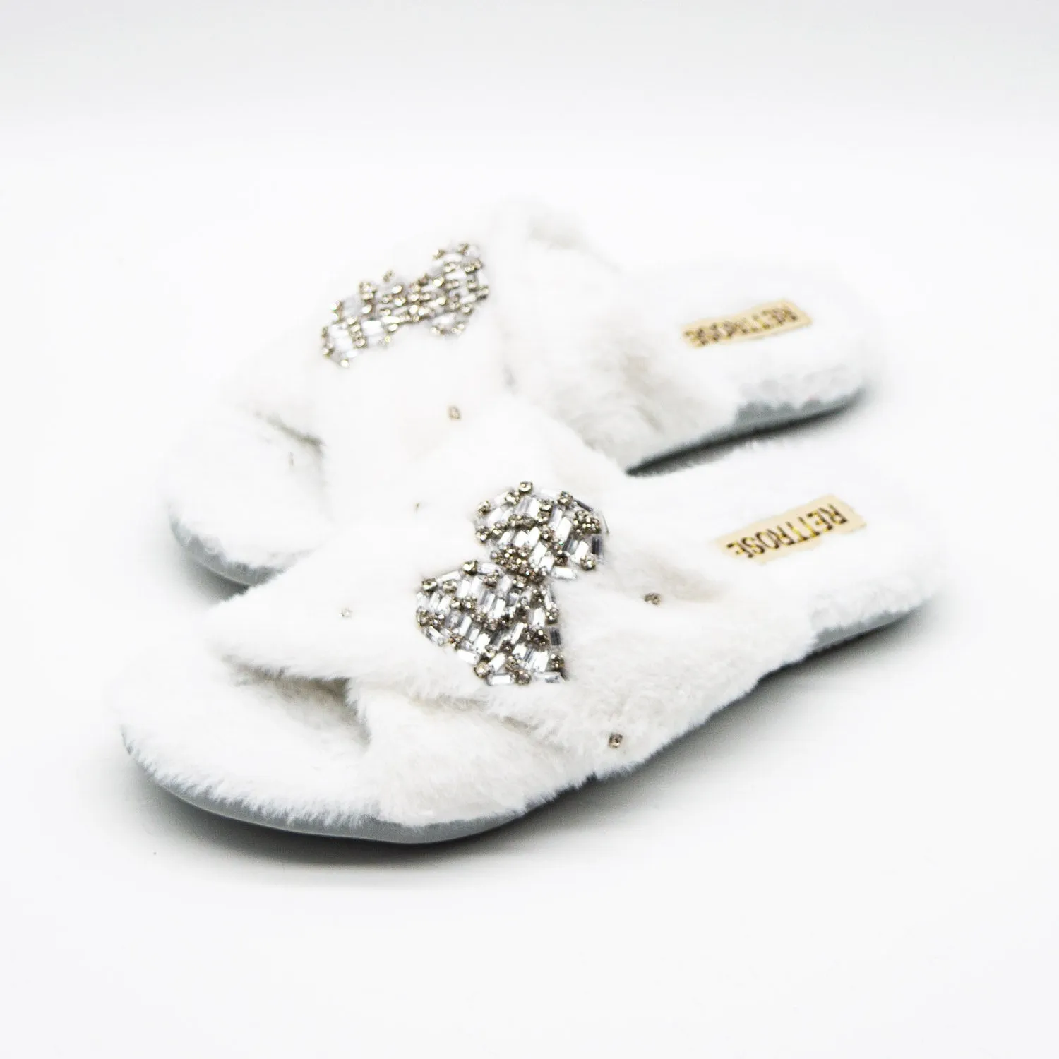 Fefe Cream Luxury Plush Diamanté Embellished Handmade Slipper
