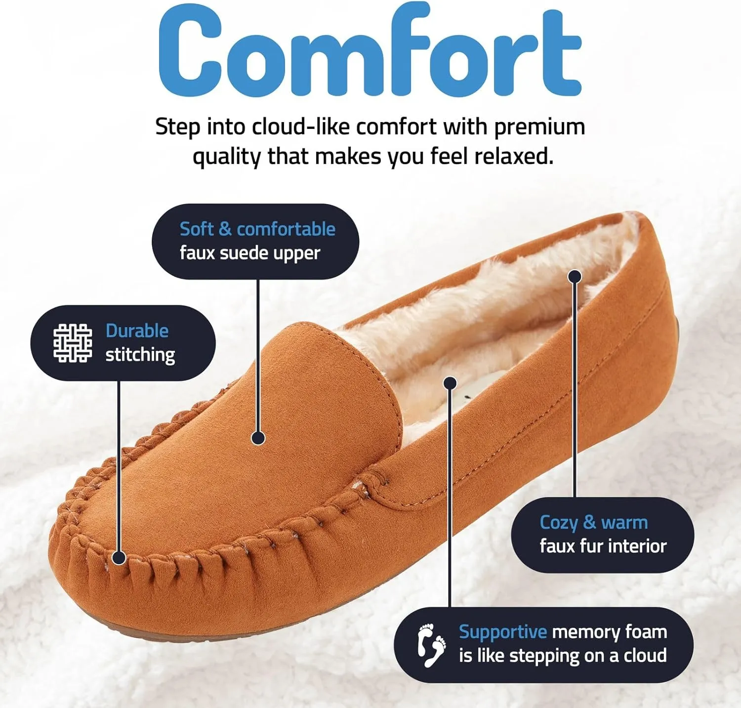 Floopi Women Slippers Moccasins, Soft Faux Fur Lining with Cozy Memory Foam, Ladies House Slippers for Women with Indoor & Outdoor Anti-Skid Sole