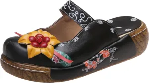 Floral Print Leather Clogs, Black Platform Mules with 3D Flower Decoration, Vintage Style
