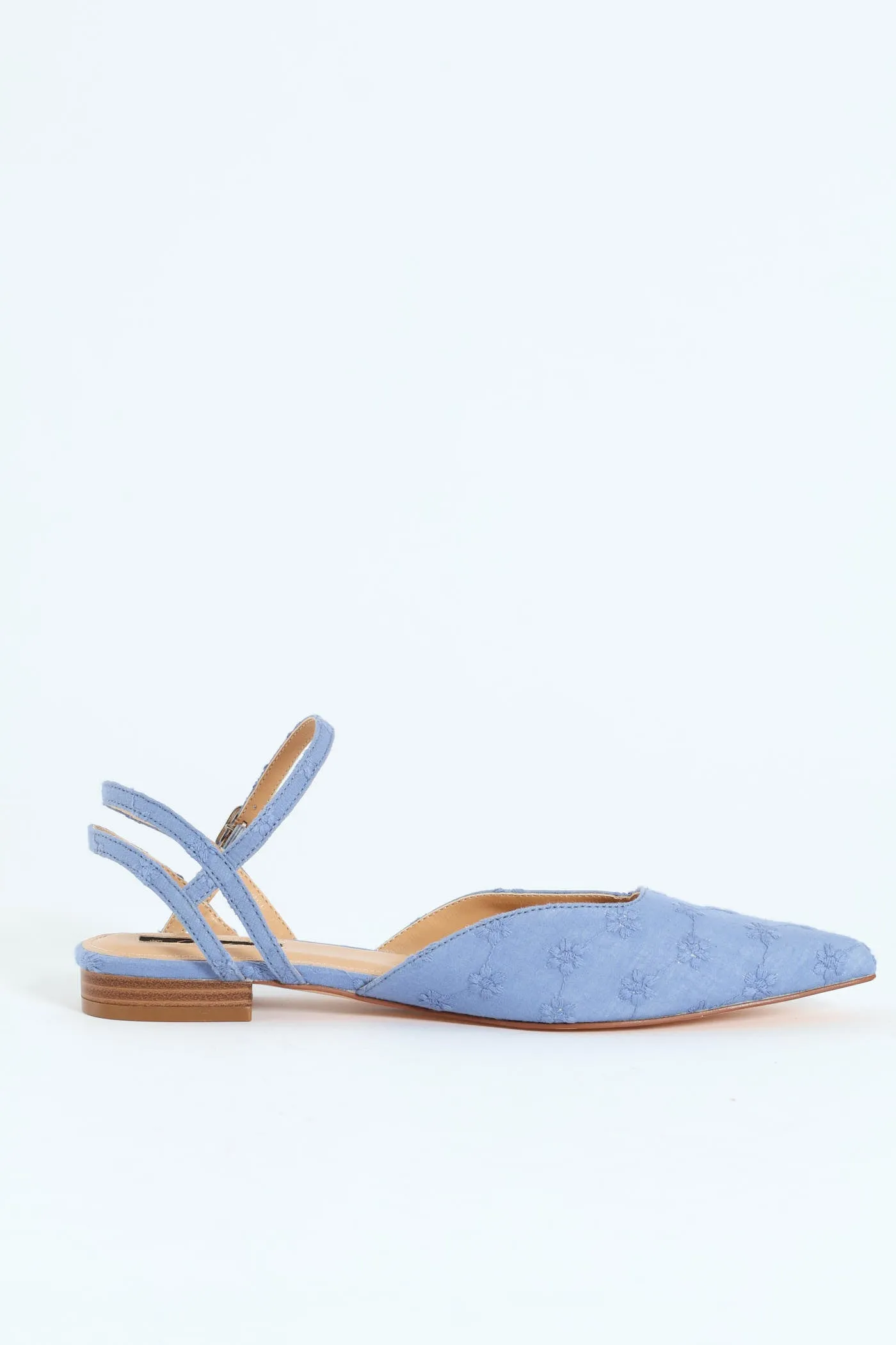 Flower Anglaise Pointy Ankle Strap Push In Mule - Blue