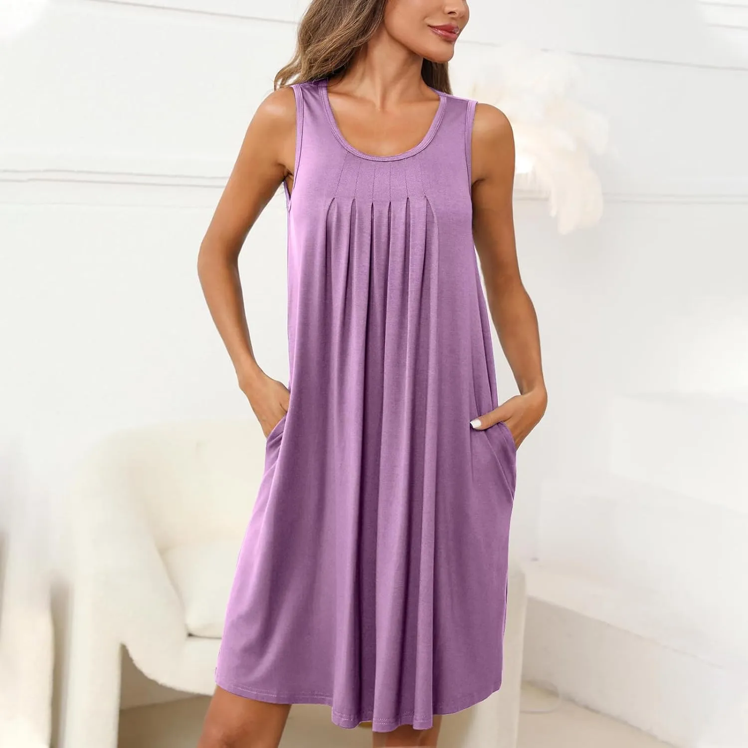 Flowy Dresses for Women Sleeveless Ruched Front T-Shirts Dress Halter Solid Casual Short Tank Sundress with Pockets