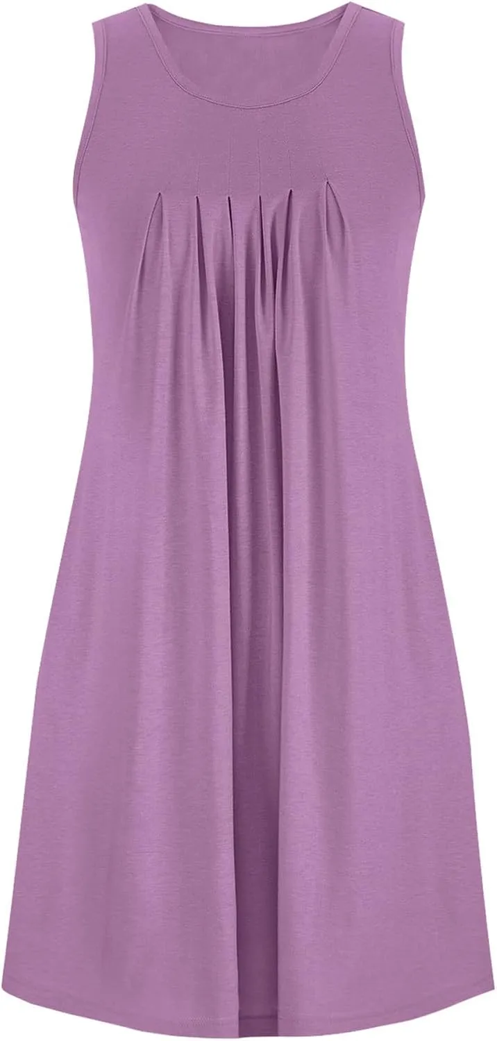 Flowy Dresses for Women Sleeveless Ruched Front T-Shirts Dress Halter Solid Casual Short Tank Sundress with Pockets