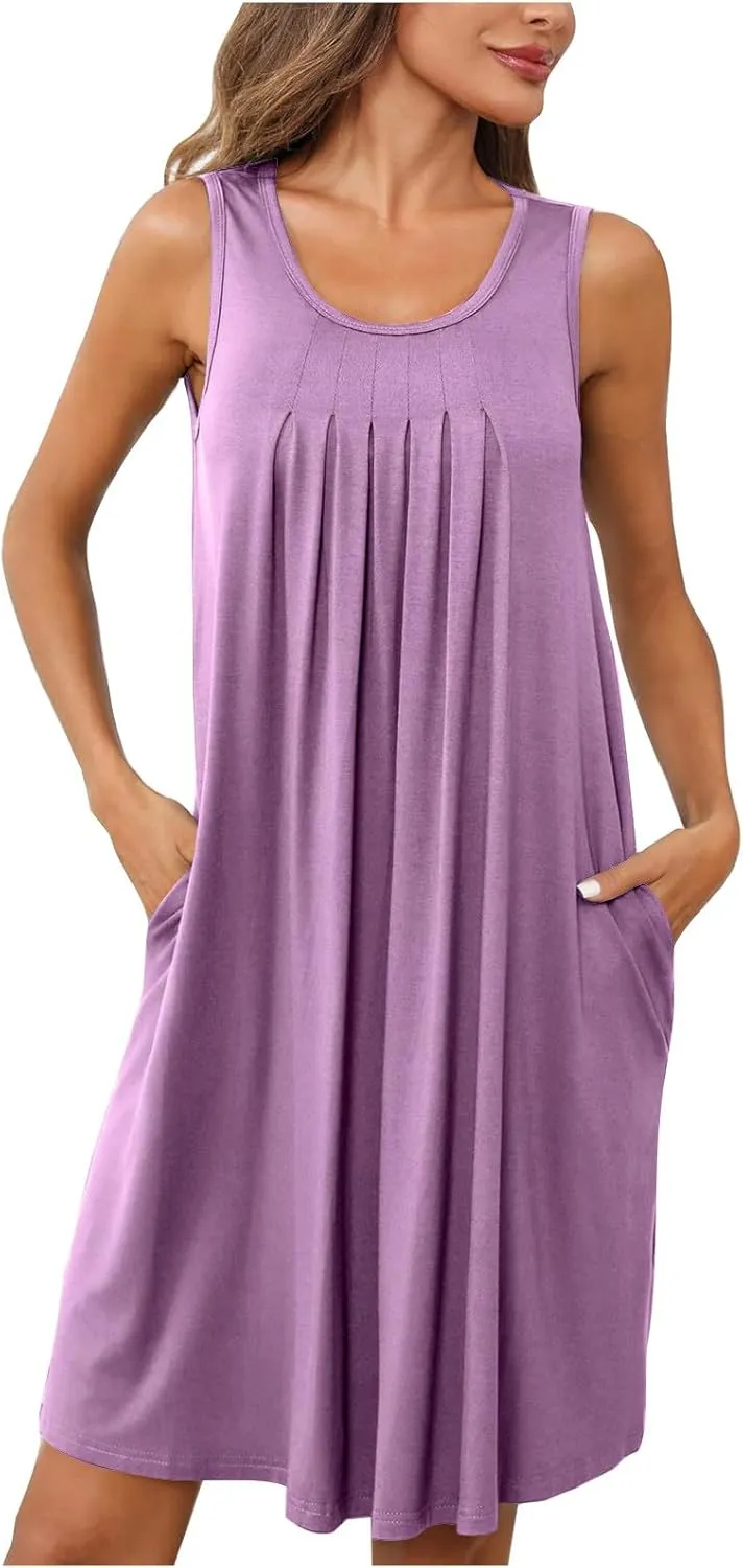Flowy Dresses for Women Sleeveless Ruched Front T-Shirts Dress Halter Solid Casual Short Tank Sundress with Pockets