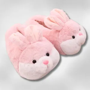 Fluffy Bunny Slippers – Soft Pink Plush Indoor House Shoes