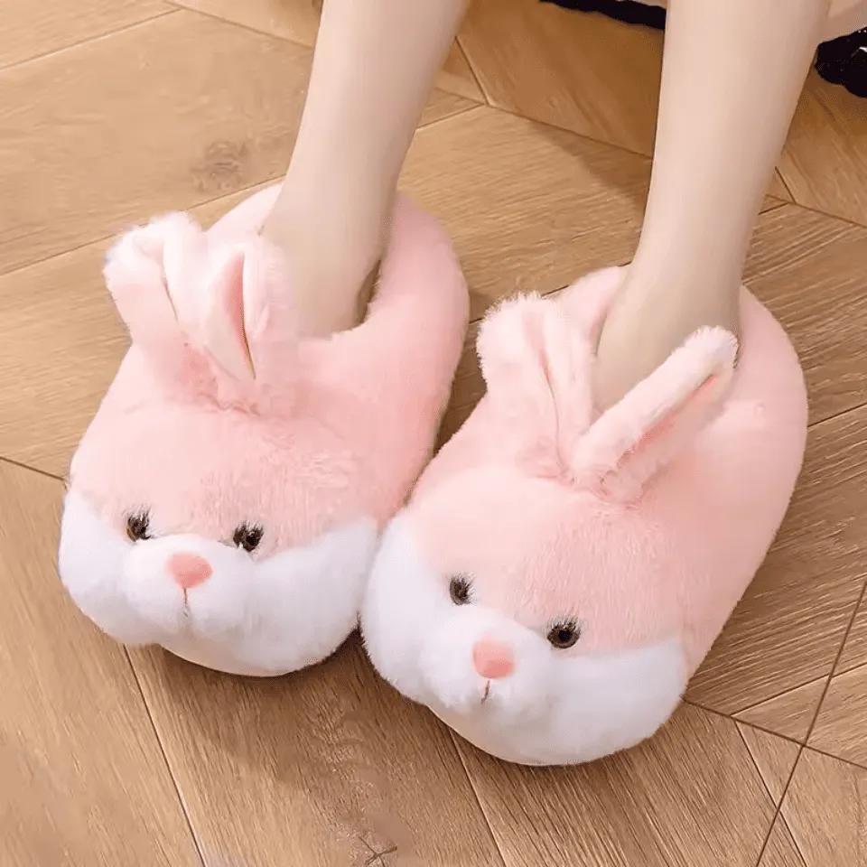 Fluffy Bunny Slippers – Soft Pink Plush Indoor House Shoes