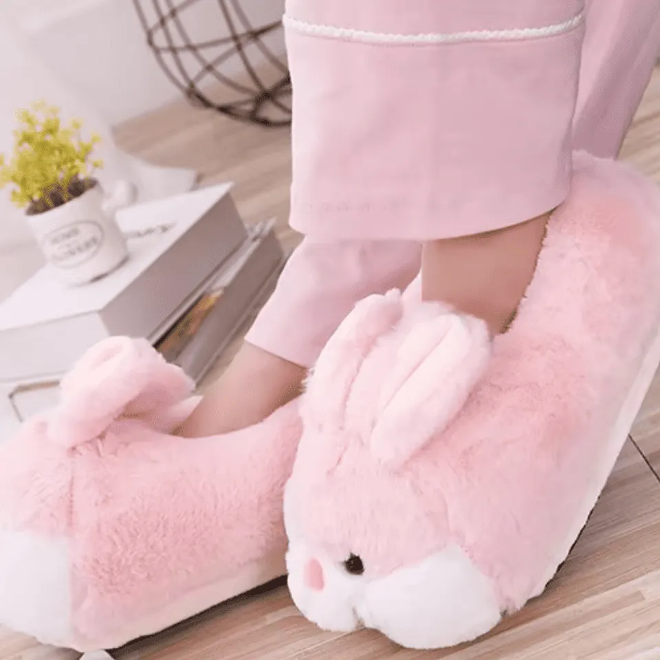 Fluffy Bunny Slippers – Soft Pink Plush Indoor House Shoes