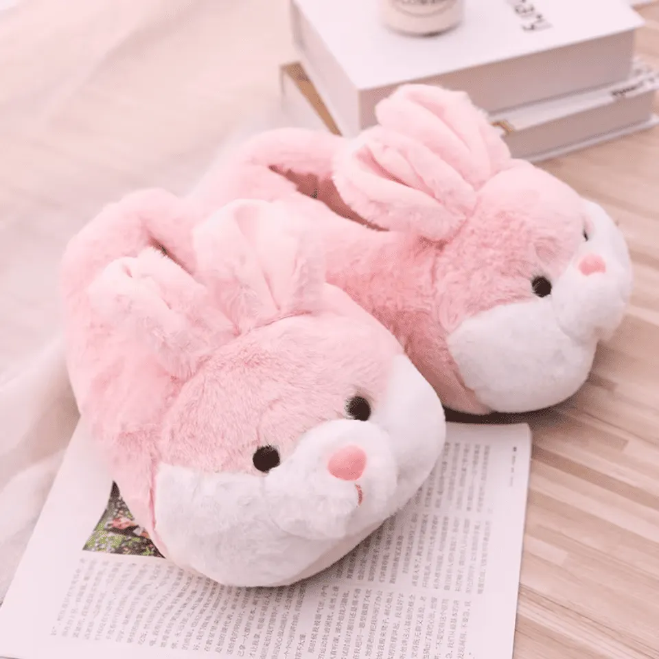 Fluffy Bunny Slippers – Soft Pink Plush Indoor House Shoes