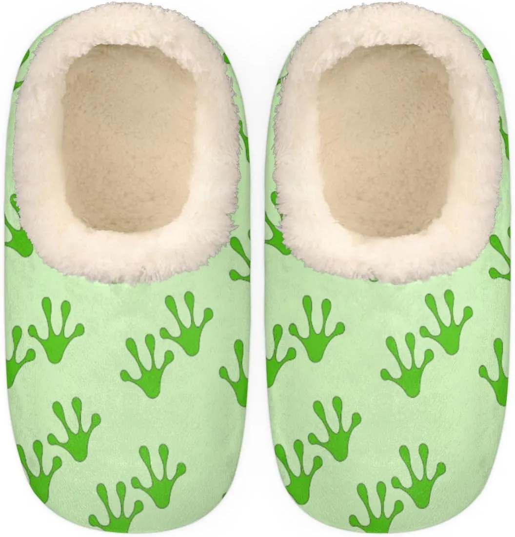 Frog Footprints Women's Slippers, Green Animal Paw Non-Slip House Slipper Socks, Plush Lined Slippers Shoes for Girls Boys Teens Indoor Bedroom