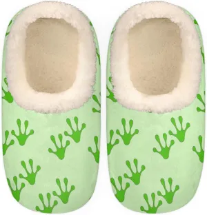 Frog Footprints Women's Slippers, Green Animal Paw Non-Slip House Slipper Socks, Plush Lined Slippers Shoes for Girls Boys Teens Indoor Bedroom