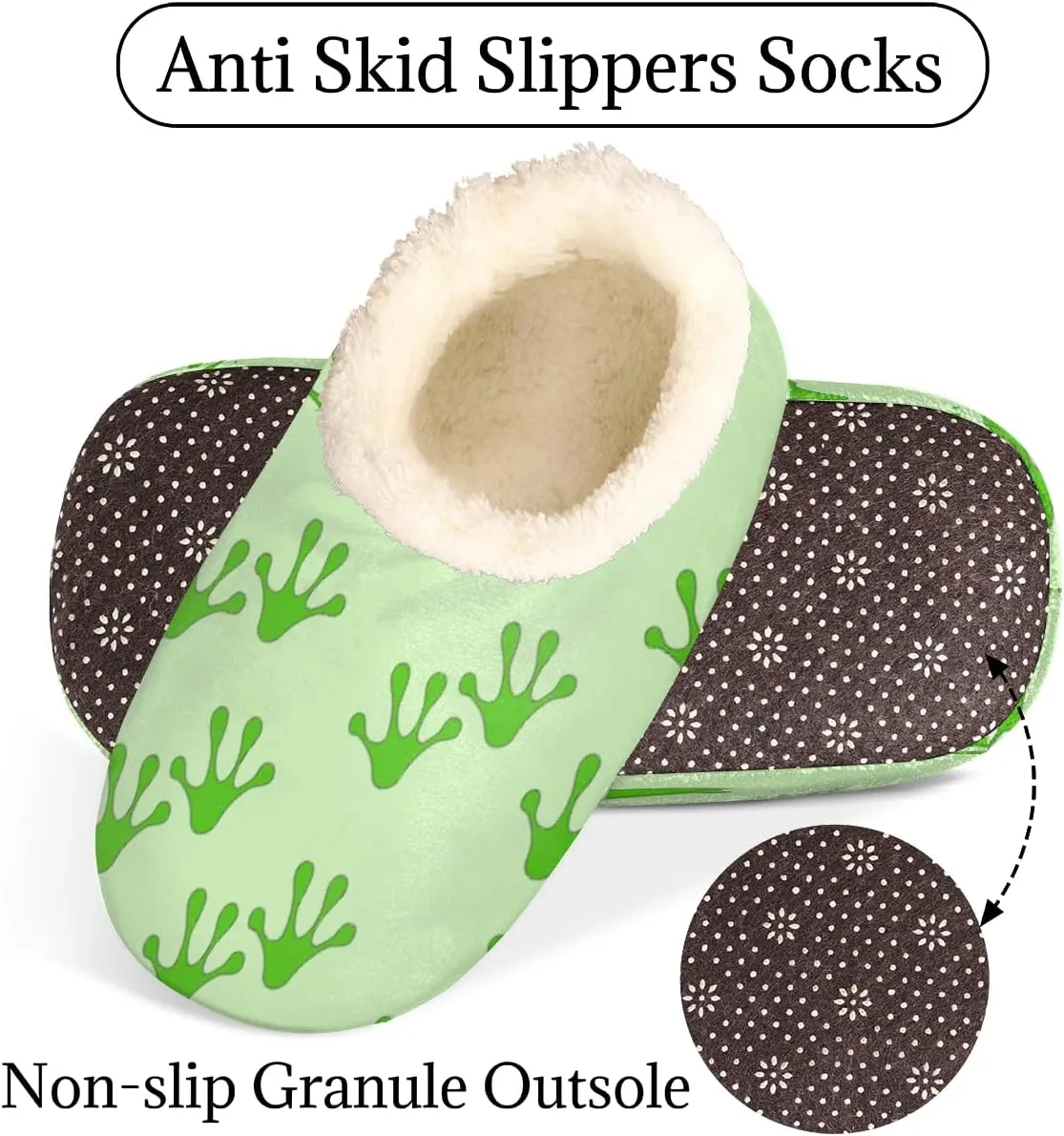 Frog Footprints Women's Slippers, Green Animal Paw Non-Slip House Slipper Socks, Plush Lined Slippers Shoes for Girls Boys Teens Indoor Bedroom