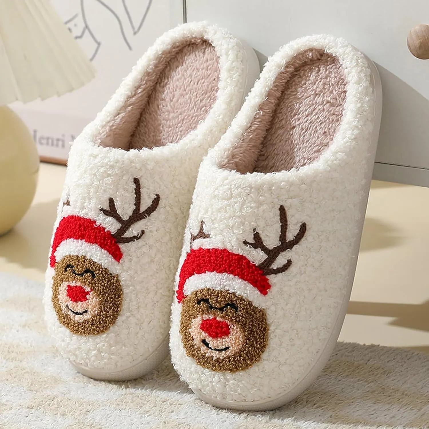 Fuzzy House Slippers for Women Smiley Face - Christmas Cozy Memory Foam Woman Slipper Indoor and Outdoor Winter Bedroom Shoes