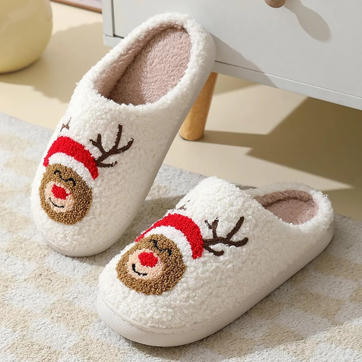 Fuzzy House Slippers for Women Smiley Face - Christmas Cozy Memory Foam Woman Slipper Indoor and Outdoor Winter Bedroom Shoes