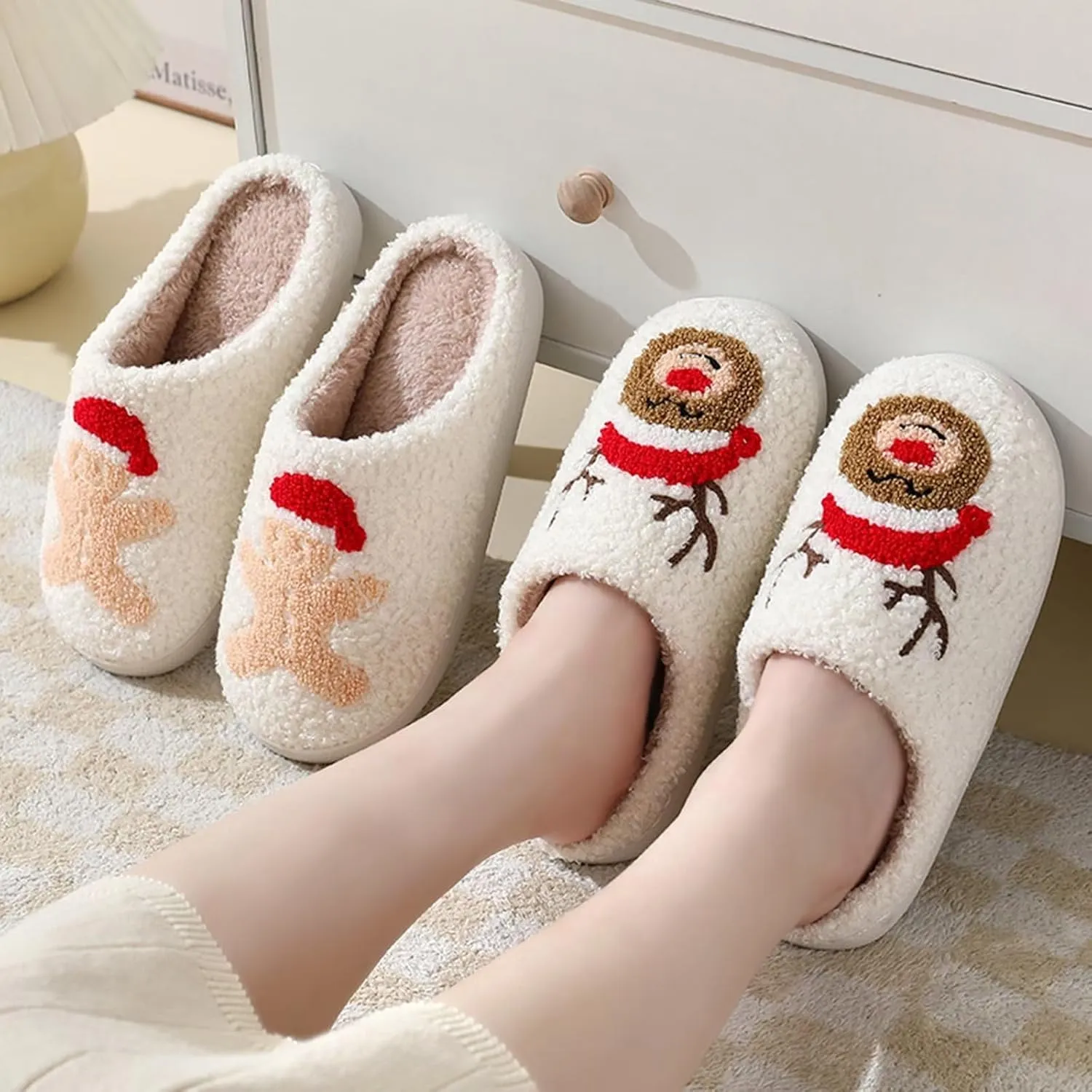 Fuzzy House Slippers for Women Smiley Face - Christmas Cozy Memory Foam Woman Slipper Indoor and Outdoor Winter Bedroom Shoes