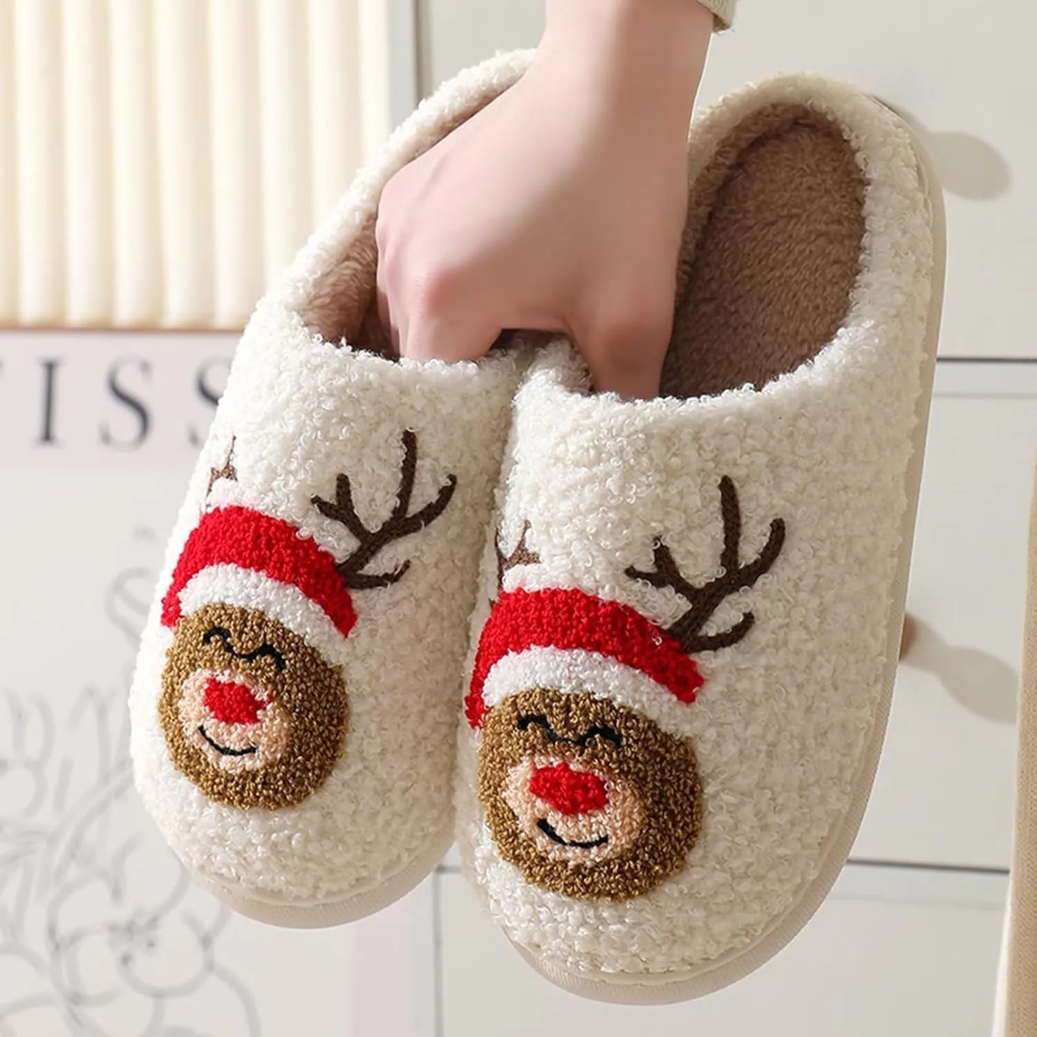 Fuzzy House Slippers for Women Smiley Face - Christmas Cozy Memory Foam Woman Slipper Indoor and Outdoor Winter Bedroom Shoes