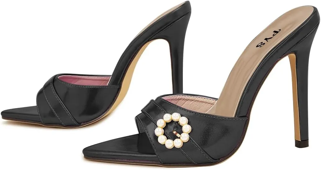 FYS Women Pointed Open Toe Mules Stiletto High Heel Pearls Sandals Slide Dress Party Prom Shoes Size 4-15 US