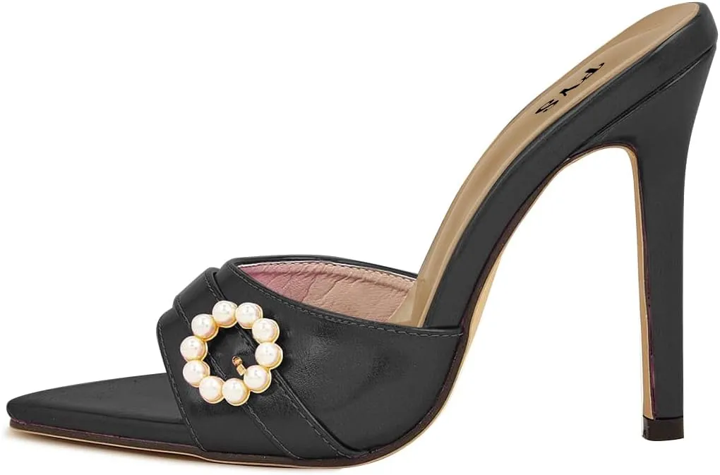 FYS Women Pointed Open Toe Mules Stiletto High Heel Pearls Sandals Slide Dress Party Prom Shoes Size 4-15 US