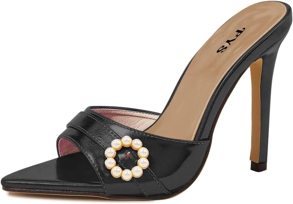 FYS Women Pointed Open Toe Mules Stiletto High Heel Pearls Sandals Slide Dress Party Prom Shoes Size 4-15 US